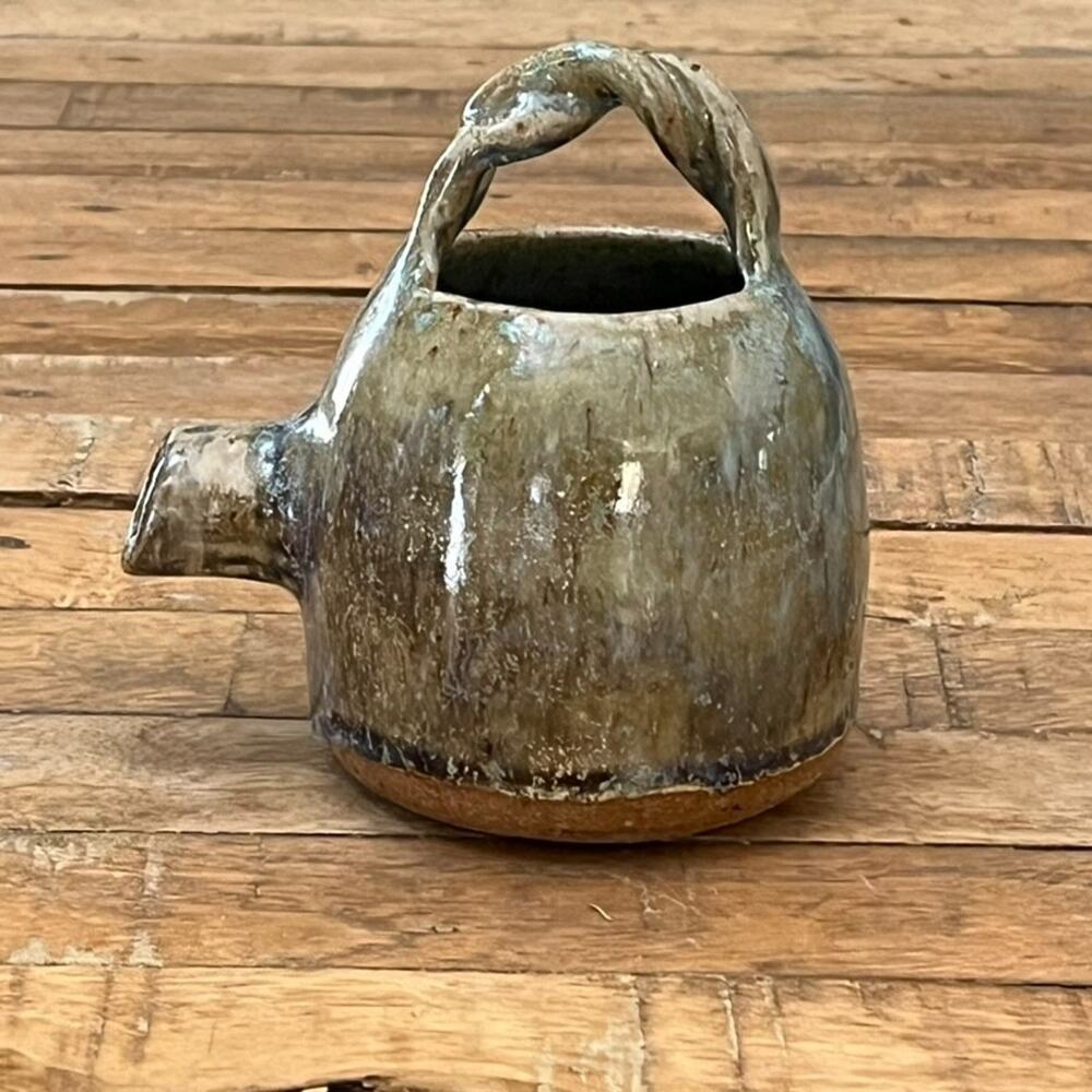 Studio Art Pottery Stoneware Pitcher Twisted Handle Rustic Green Glaze Finish